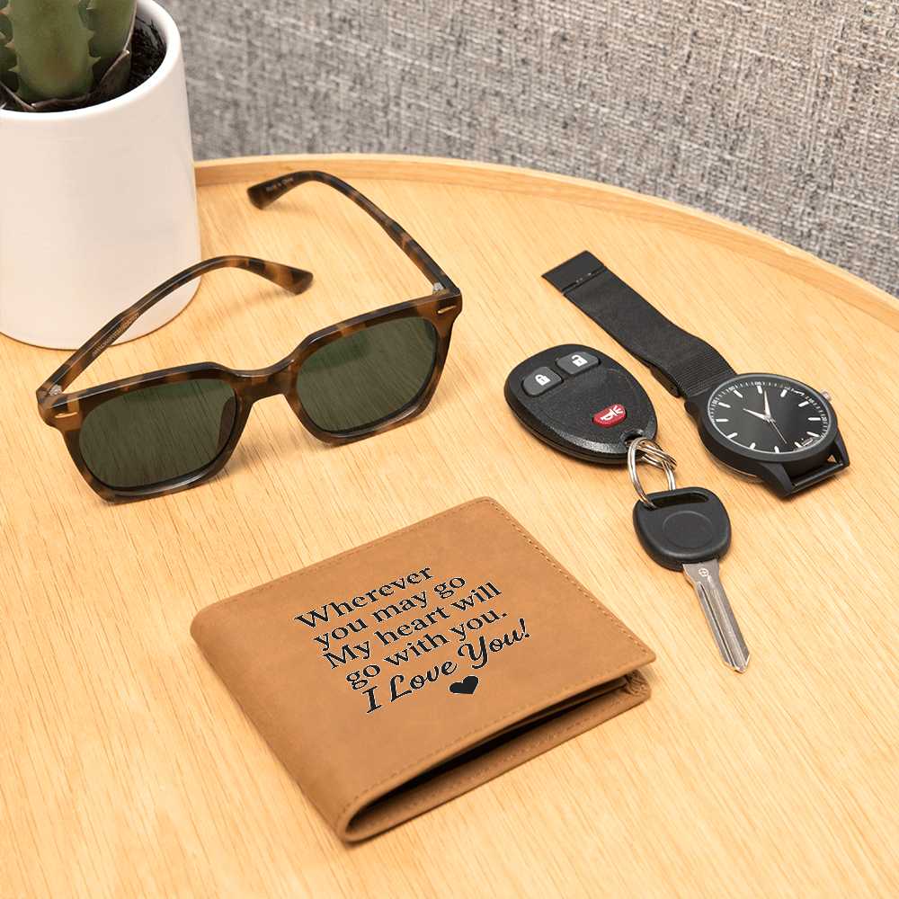Engrained Leather Wallet – Wherever You May Go, My Heart Will Go With You – Anniversary Gift – Perfect Gift for Him